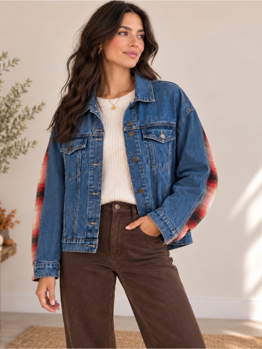 BBJ Denim Plaid Jacket XL Mixed Media Oversized Shacket